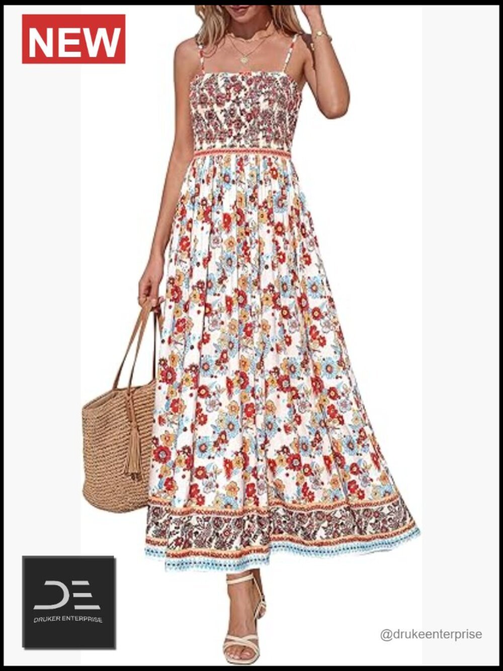 Spaghetti Strap Boho Maxi Dress with Pockets Smocked Ruffled Waist